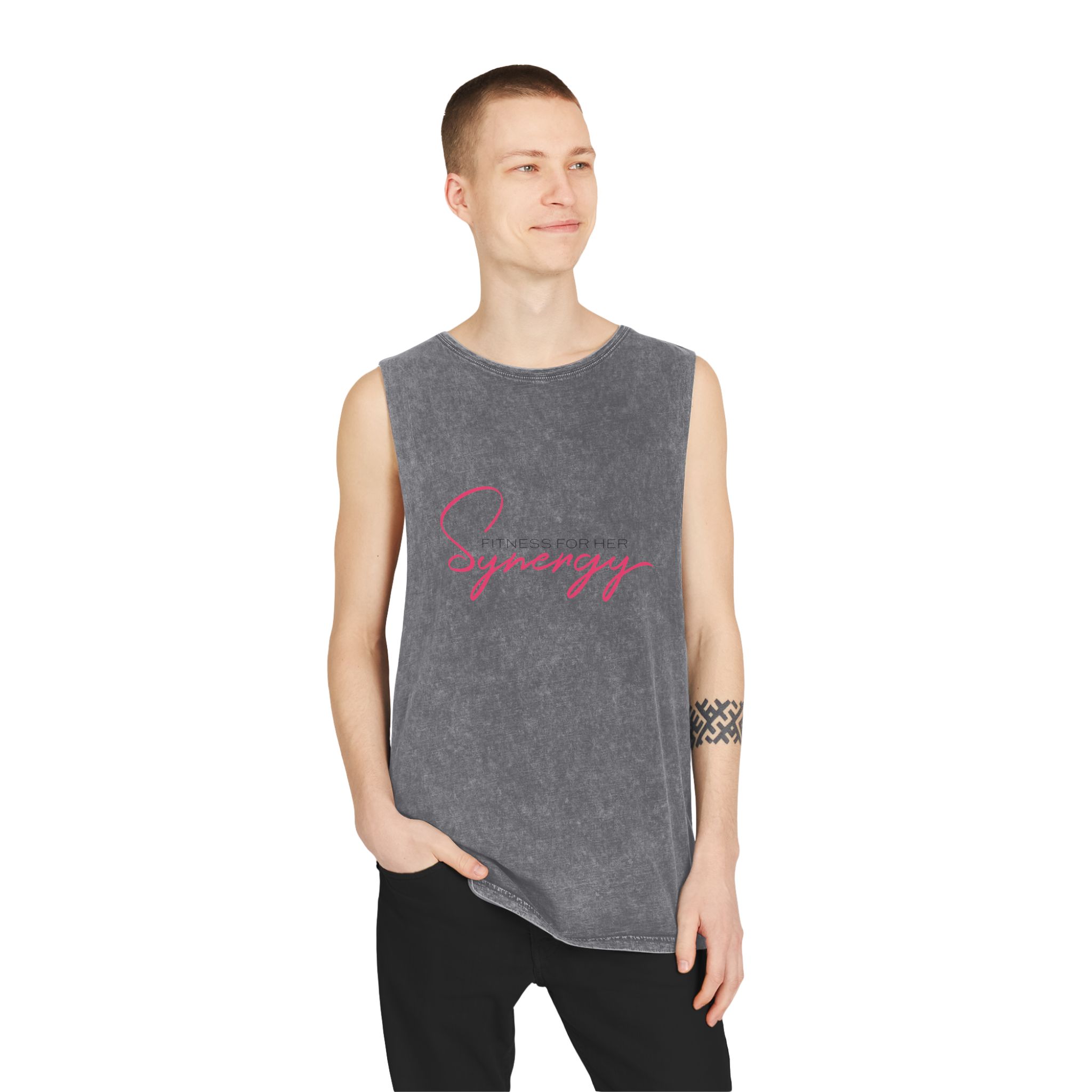 Synergy Stonewash Tank Top — Vintage Black Muscle Tee with Pink Script - Image 7