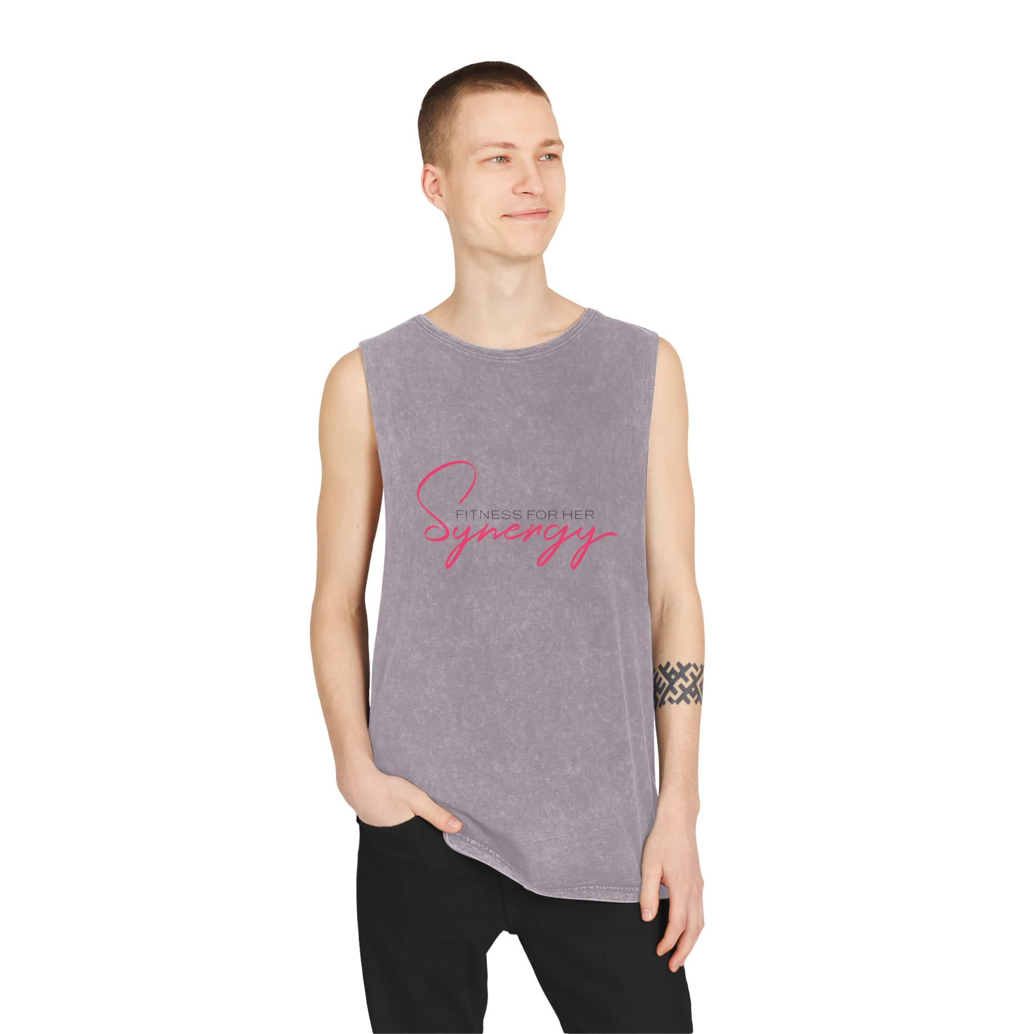 Synergy Stonewash Tank Top — Vintage Black Muscle Tee with Pink Script - Image 11