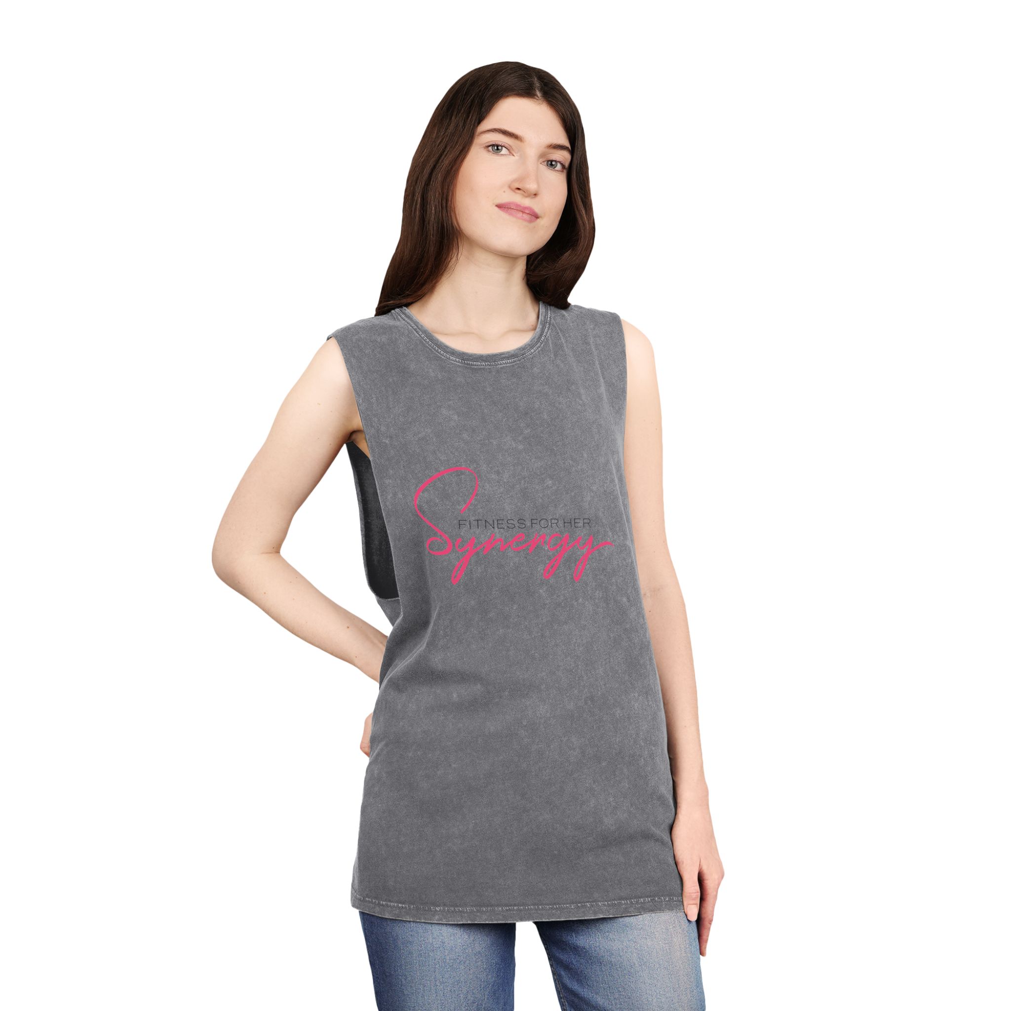 Synergy Stonewash Tank Top — Vintage Black Muscle Tee with Pink Script - Image 8