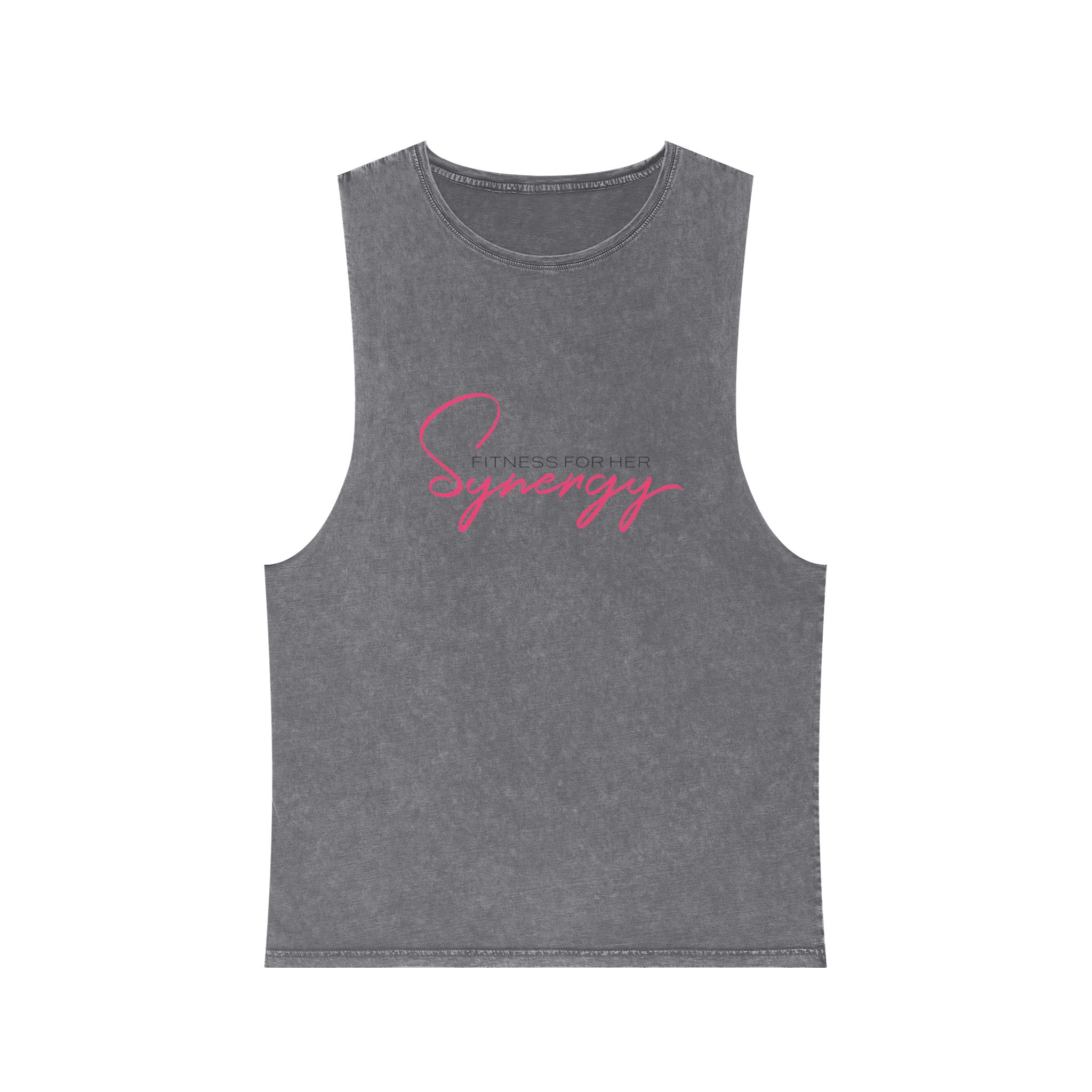 Synergy Stonewash Tank Top — Vintage Black Muscle Tee with Pink Script - Image 5