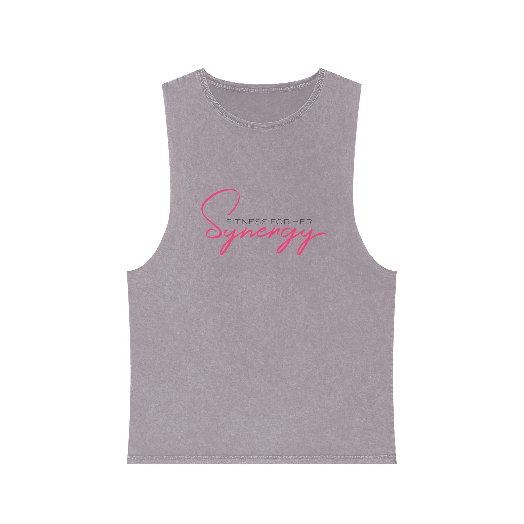Synergy Stonewash Tank Top — Vintage Black Muscle Tee with Pink Script - Image 9