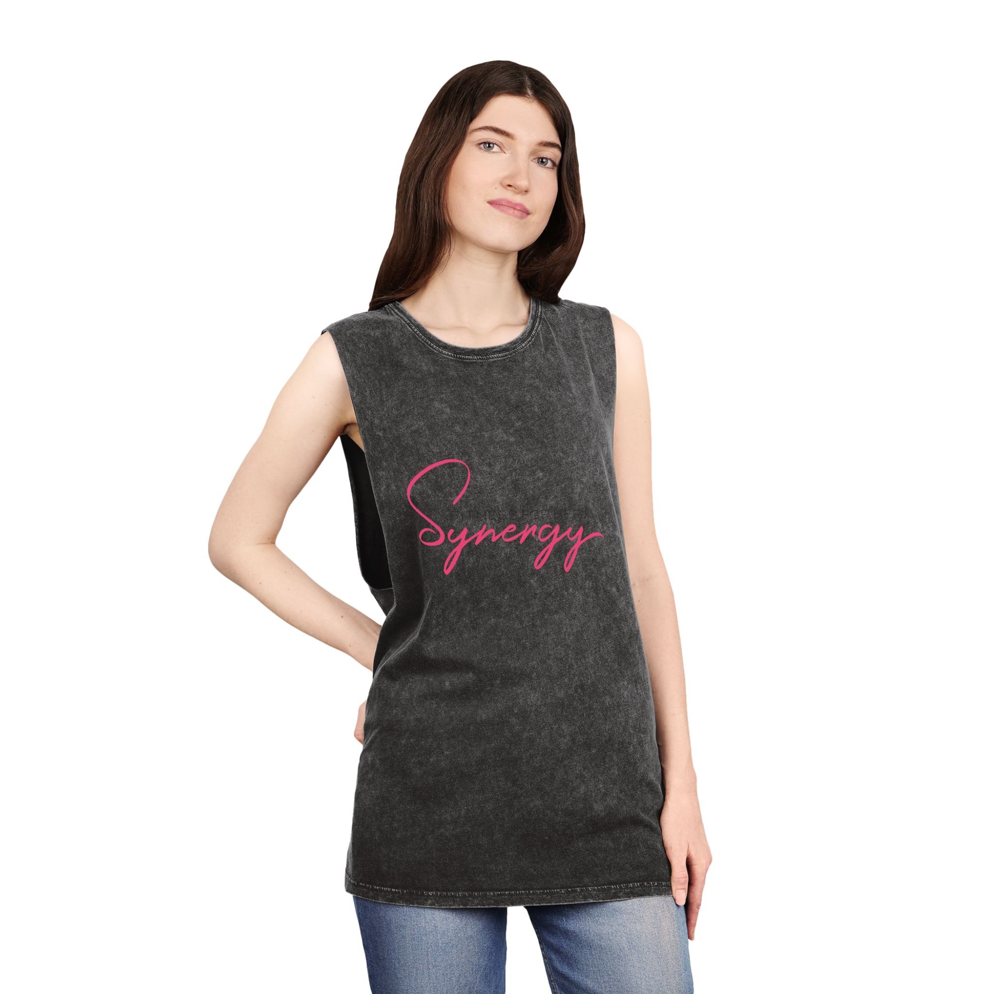 Synergy Stonewash Tank Top — Vintage Black Muscle Tee with Pink Script - Image 4