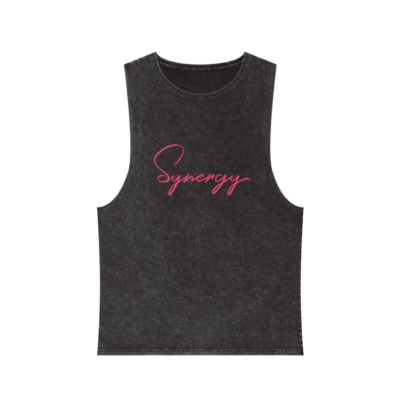Synergy Stonewash Tank Top — Vintage Black Muscle Tee with Pink Script