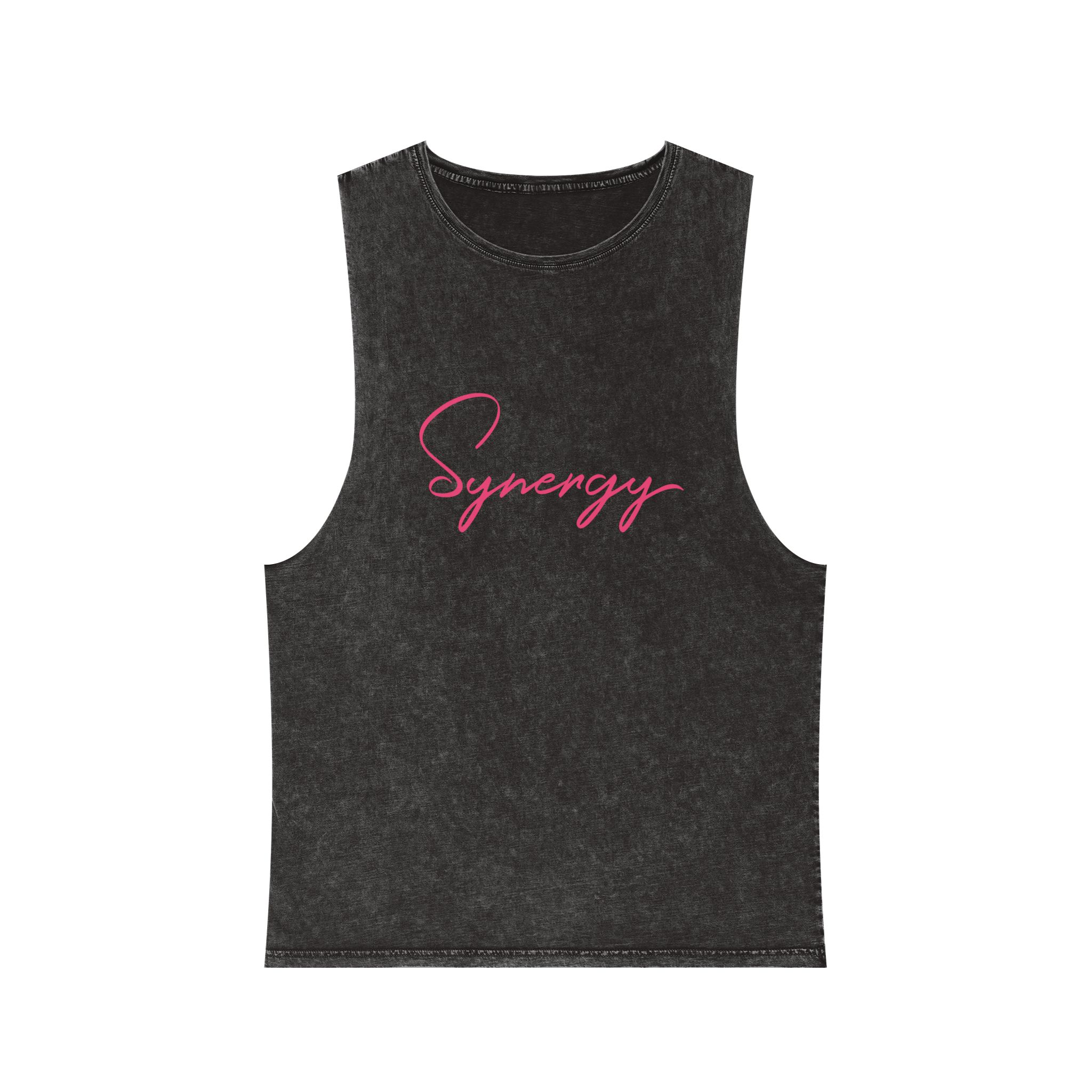 Synergy Stonewash Tank Top — Vintage Black Muscle Tee with Pink Script